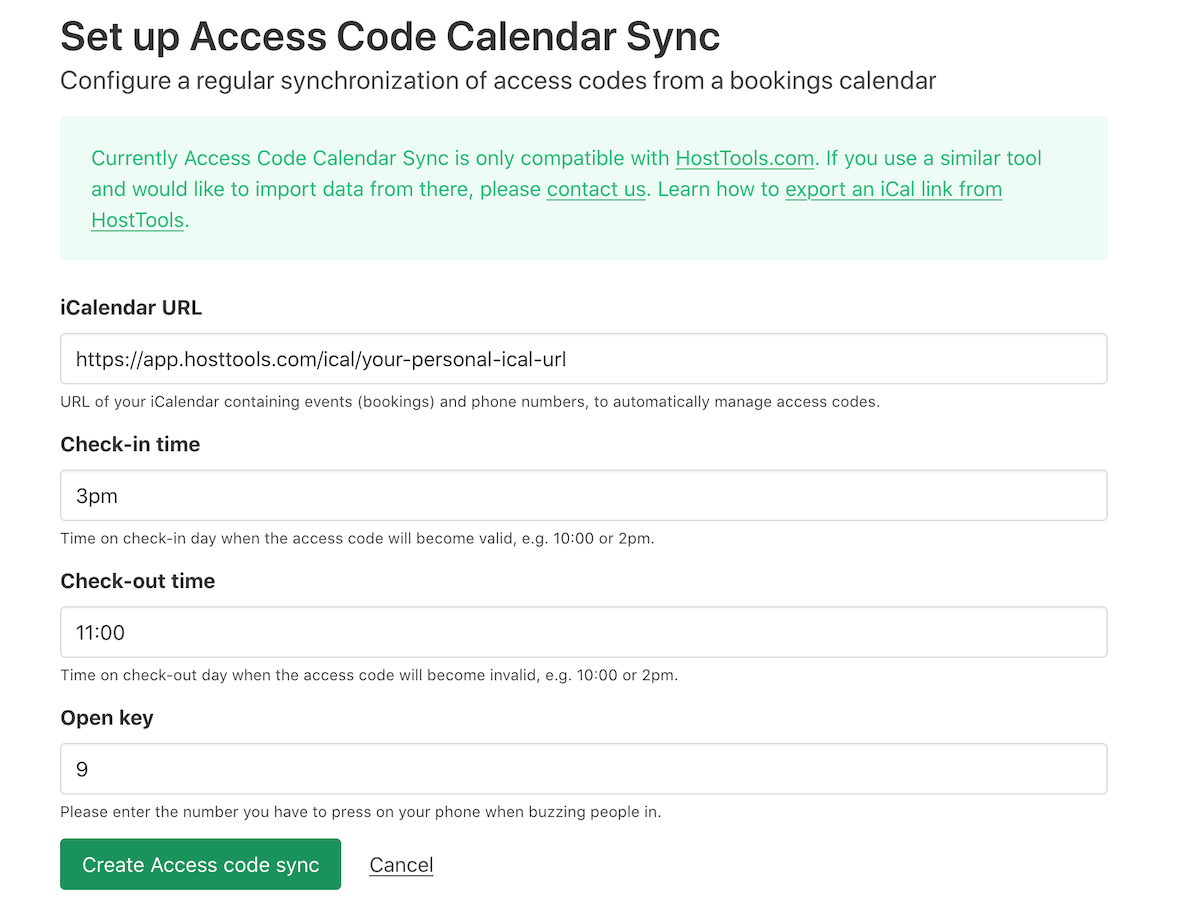 Form to set up access code calendar sync