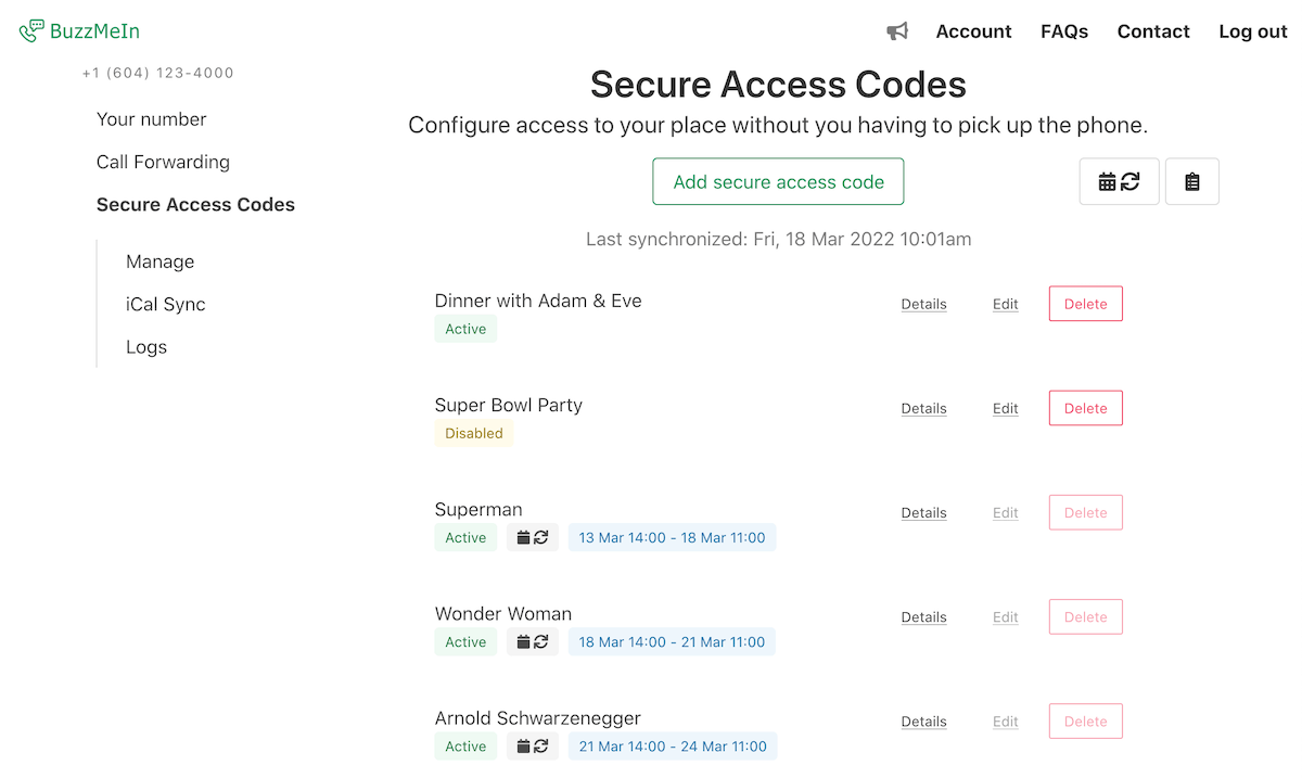 View of all synced access codes