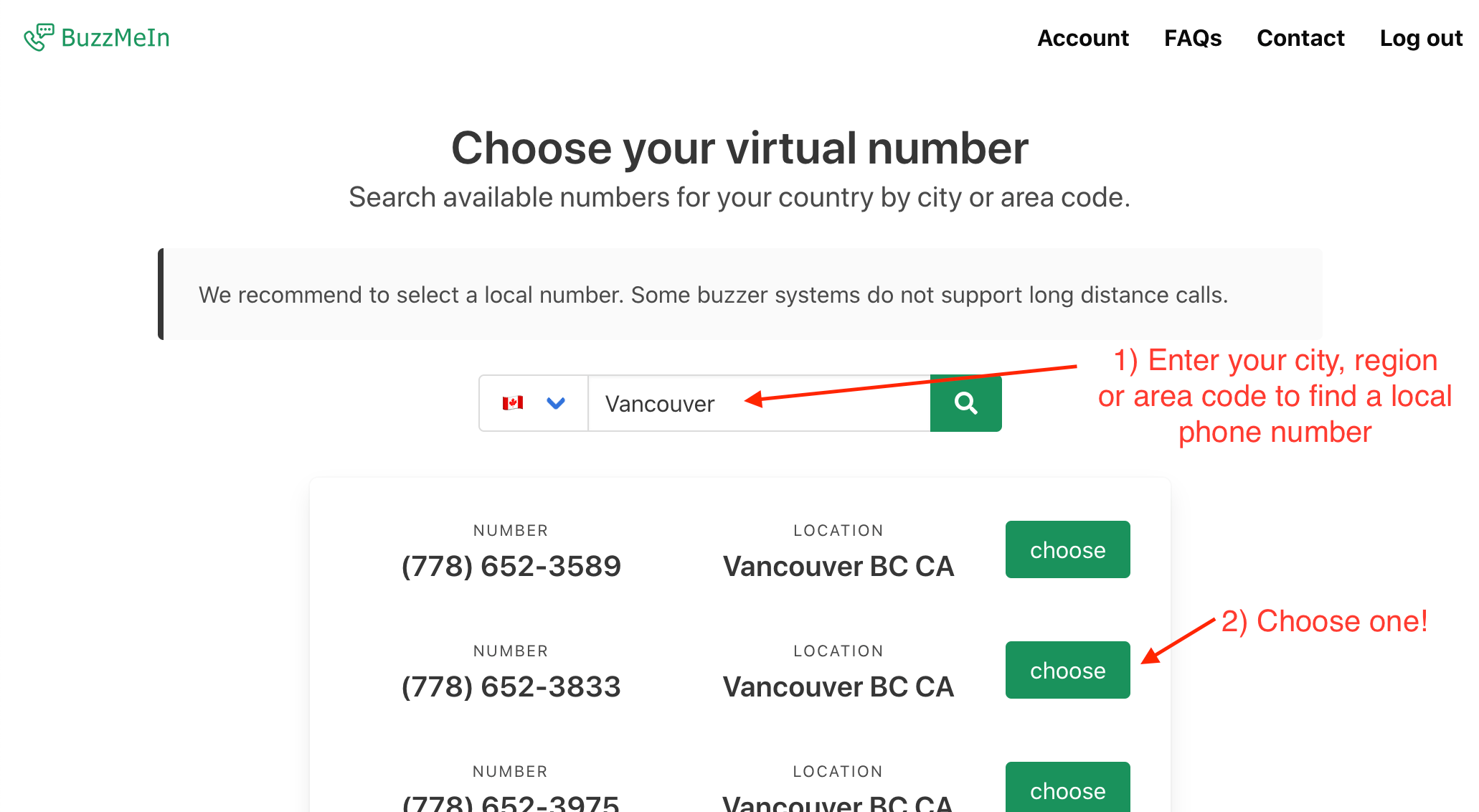 Choose your personal BuzzMeIn number - search by city or area code