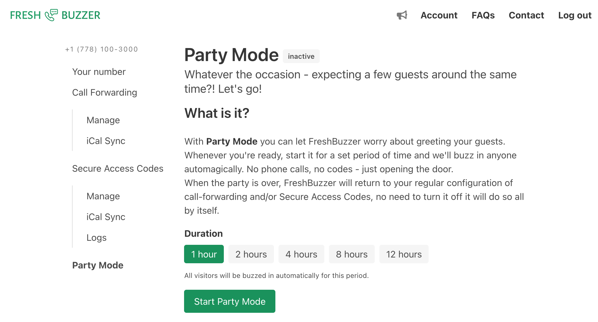 Screenshot of the Party Mode settings page in your FreshBuzzer account.