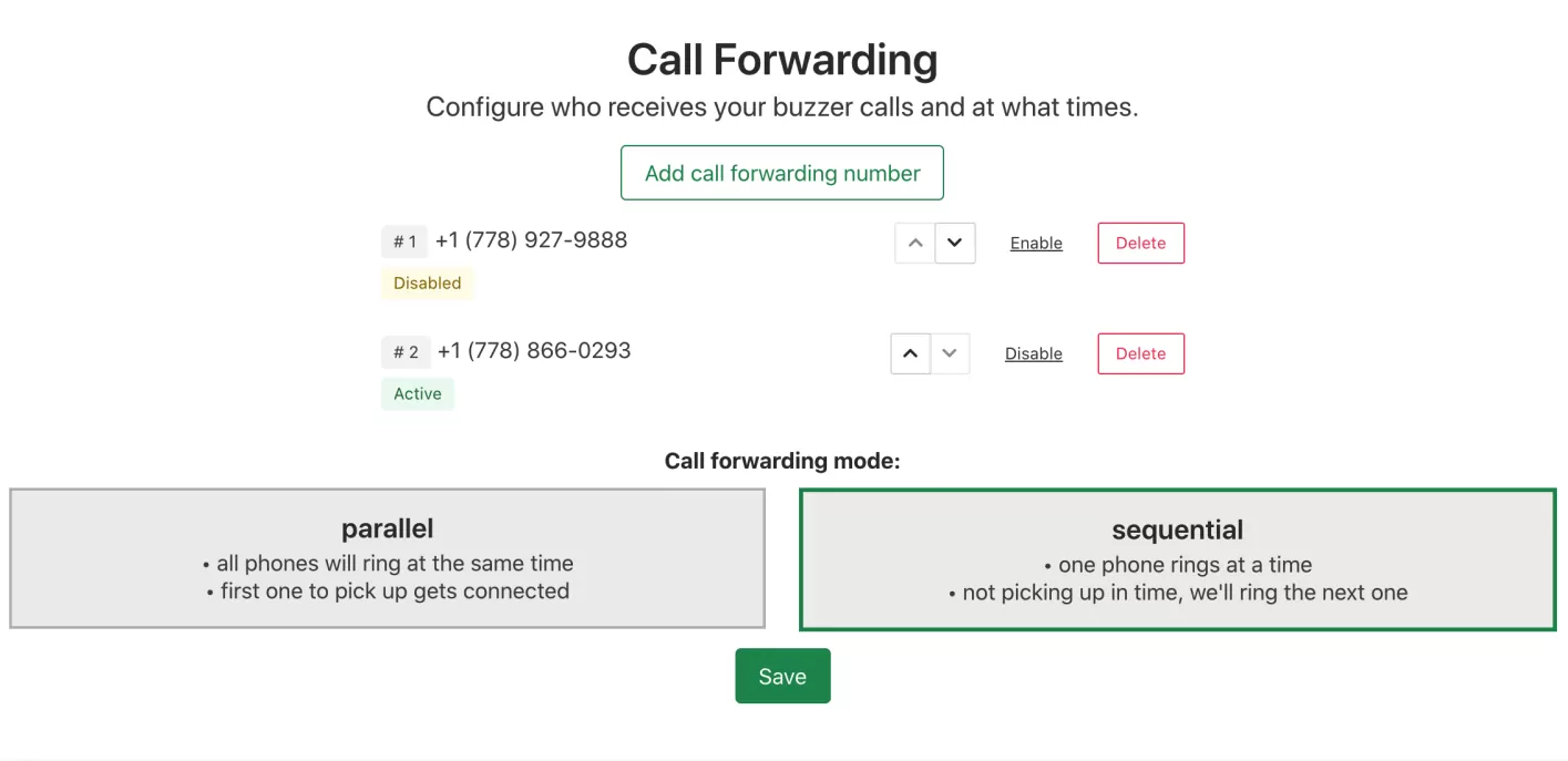 screenshot of FreshBuzzer call-forwarding feature. showing forwarding numbers and option of two call-forwarding modes
