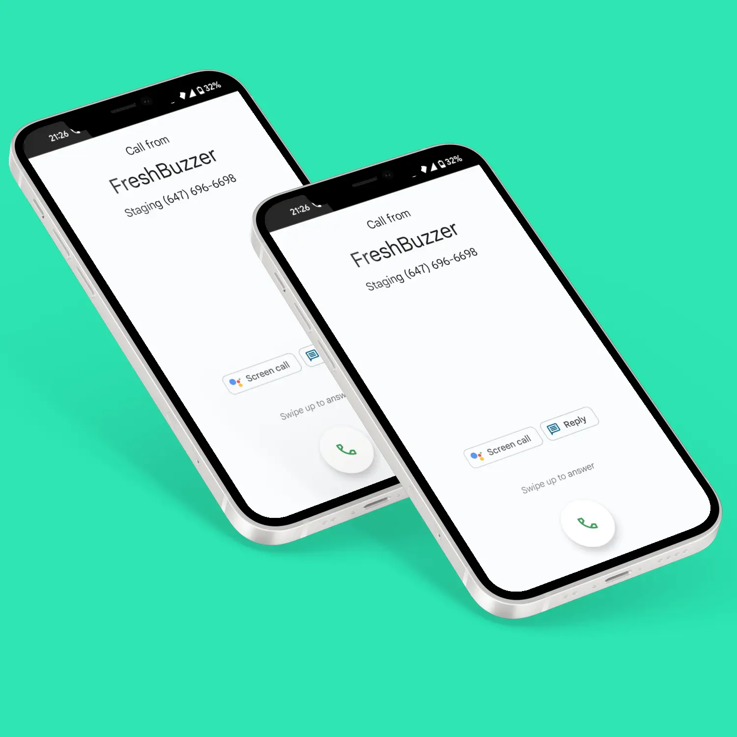 two smartphones receiving an incoming call from a FreshBuzzer number