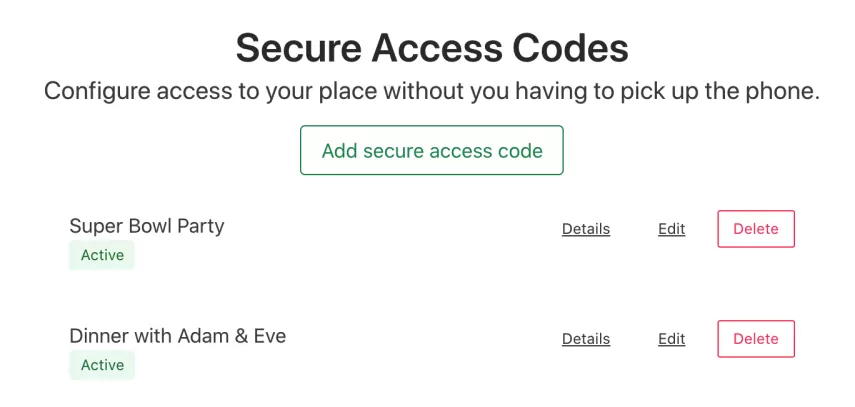 screenshot of FreshBuzzer secure access codes feature. showing two configured access codes.
